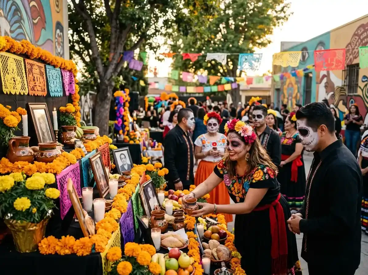 Woman in face paint reaches toward Day of the Dead altar filled with marigolds, and framed photos at a festive gathering.